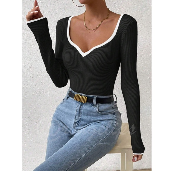 Black Rib Knit Sweetheart Contrast White Trim Long Sleeve Fitted Sweater Top - Picture 3 of 16